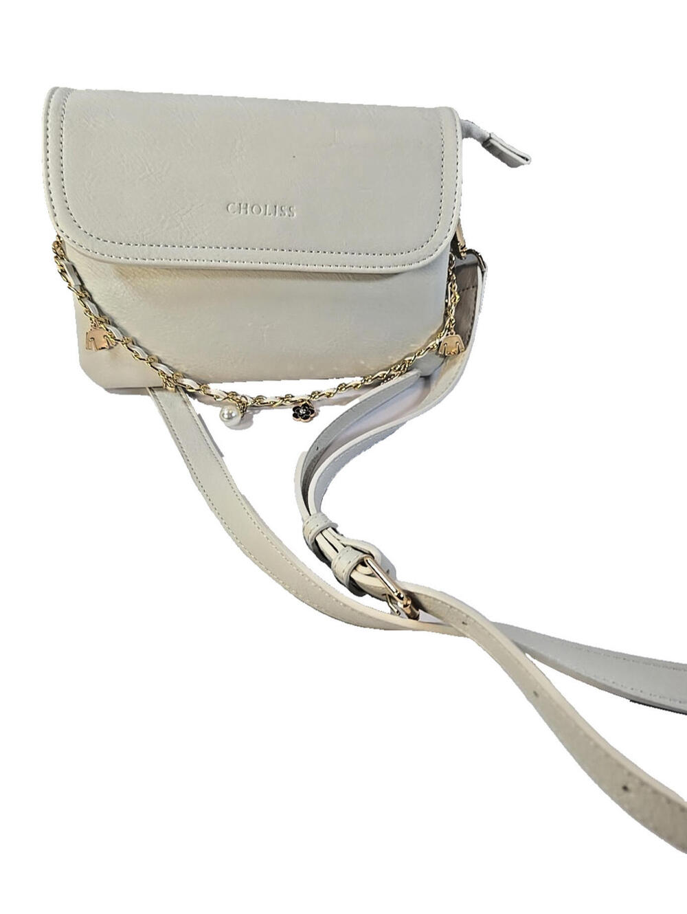 CHOLISS Crossbody Bag Med Faux Leather White Adjustable Strap Accent Charms